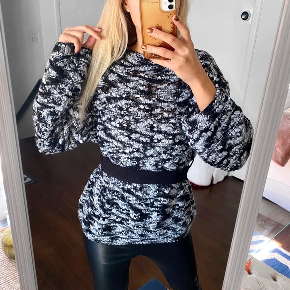 🖤 ZARA GREY BLACK CHUNKY KNIT PERFORATED BELTED SWEATER! - Picture 3 of 16